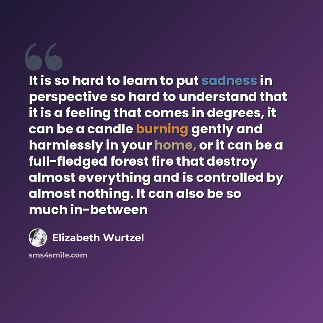 “It is so hard to learn to put sadness in perspective so hard to understand that it is a feeling that comes in degrees, it can be a candle burning gently and harmlessly in your home, or it can be a full-fledged forest fire that destroy almost everything and is controlled by almost nothing. It can…” quote by Elizabeth Wurtzel