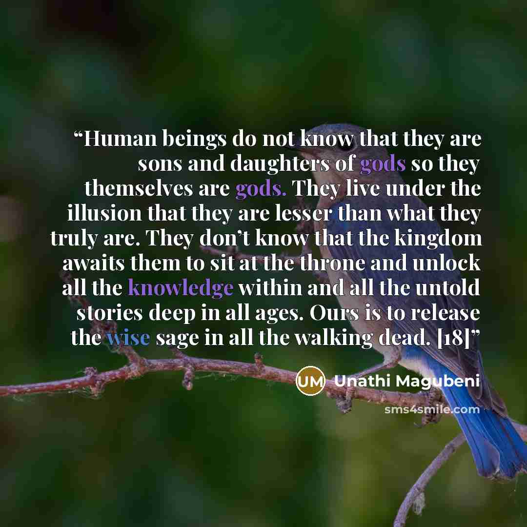 “Human beings do not know that they are sons and daughters of gods so they themselves are gods. They live under the illusion that they are lesser than what they truly are. They don’t know that the kingdom awaits them to sit at the throne and unlock all the knowledge within and all the untold…” quote by Unathi Magubeni