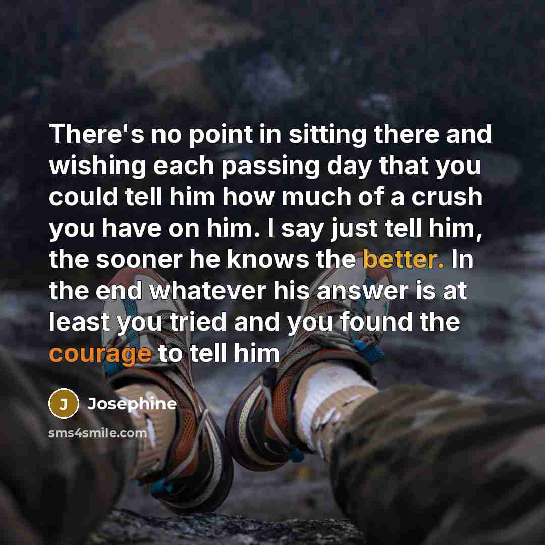 “There's no point in sitting there and wishing each passing day that you could tell him how much of a crush you have on him. I say just tell him, the sooner he knows the better. In the end whatever his answer is at least you tried and you found the courage to tell him” quote by Josephine