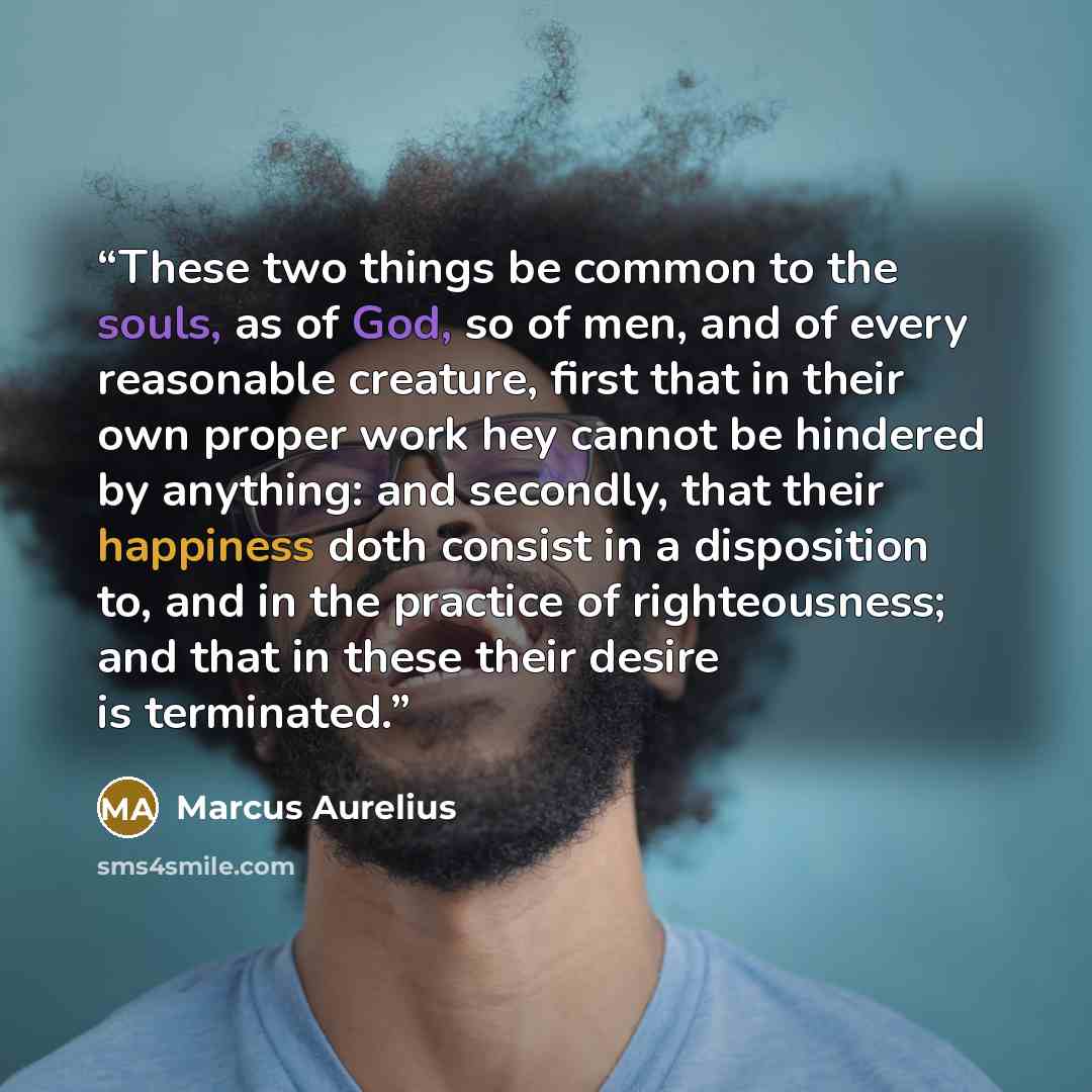 “These two things be common to the souls, as of God, so of men, and of every reasonable creature, first that in their own proper work hey cannot be hindered by anything: and secondly, that their happiness doth consist in a disposition to, and in the practice of righteousness; and that in these…” quote by Marcus Aurelius