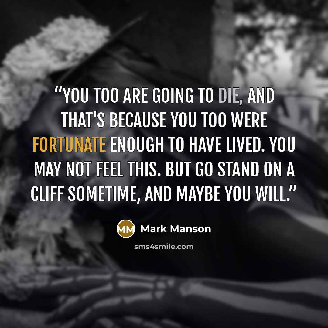 “You too are going to die, and that's because you too were fortunate enough to have lived. You may not feel this. But go stand on a cliff sometime, and maybe you will.” quote by mark manson