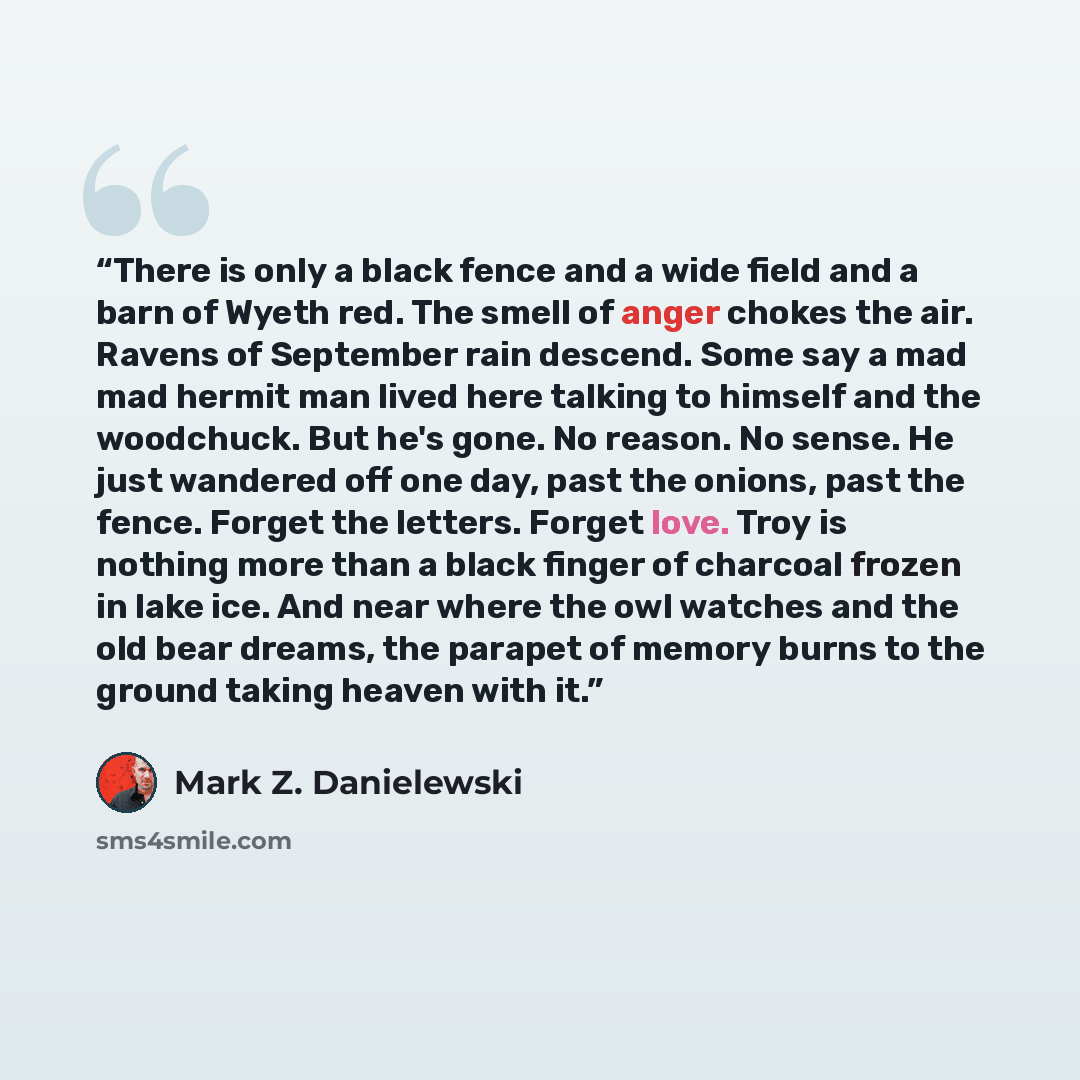 “There is only a black fence and a wide field and a barn of Wyeth red. The smell of anger chokes the air. Ravens of September rain descend. Some say a mad mad hermit man lived here talking to himself and the woodchuck. But he's gone. No reason. No sense. He just wandered off one day, past the…” quote by Mark Z. Danielewski