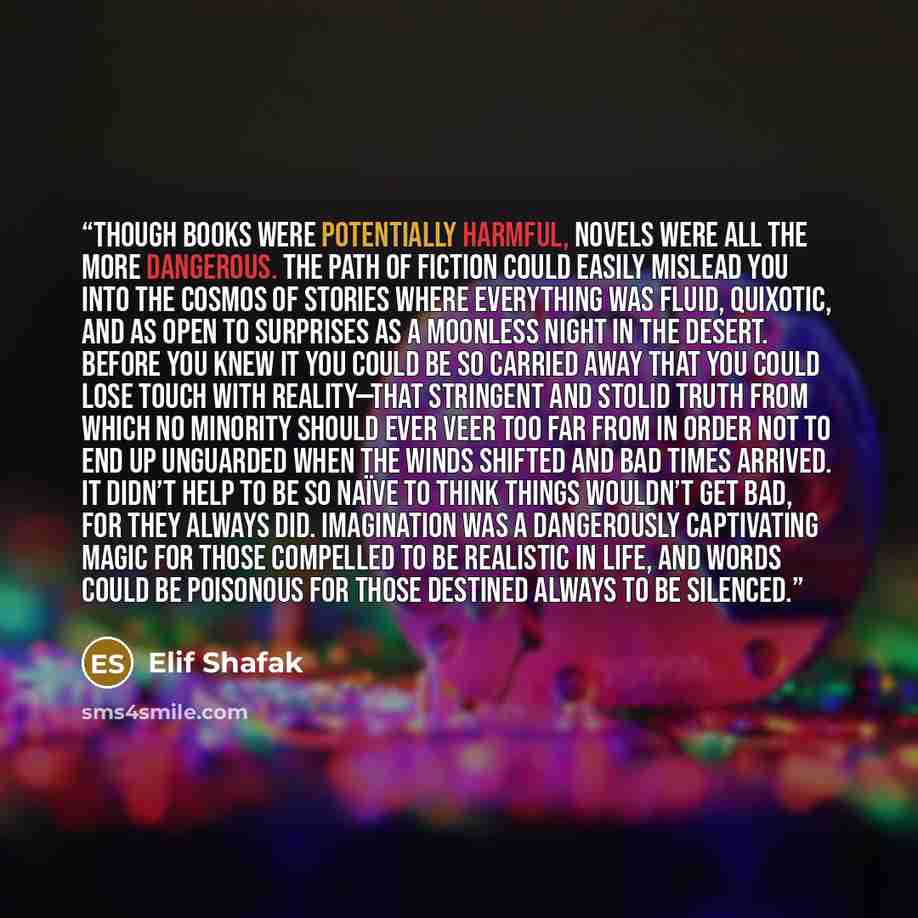 “Though books were potentially harmful, novels were all the more dangerous. The path of fiction could easily mislead you into the cosmos of stories where everything was fluid, quixotic, and as open to surprises as a moonless night in the desert. Before you knew it you could be so carried away that…” quote by Elif Shafak