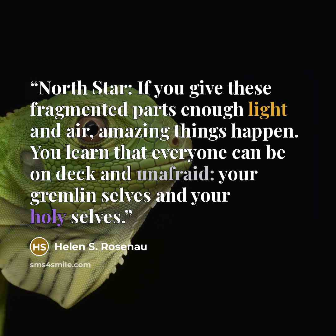 “North Star: If you give these fragmented parts enough light and air, amazing things happen. You learn that everyone can be on deck and unafraid: your gremlin selves and your holy selves.” quote by Helen S. Rosenau