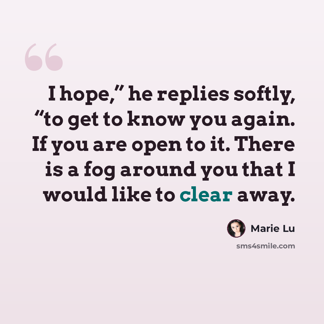 “I hope,” he replies softly, “to get to know you again. If you are open to it. There is a fog around you that I would like to clear away.” quote by Marie Lu