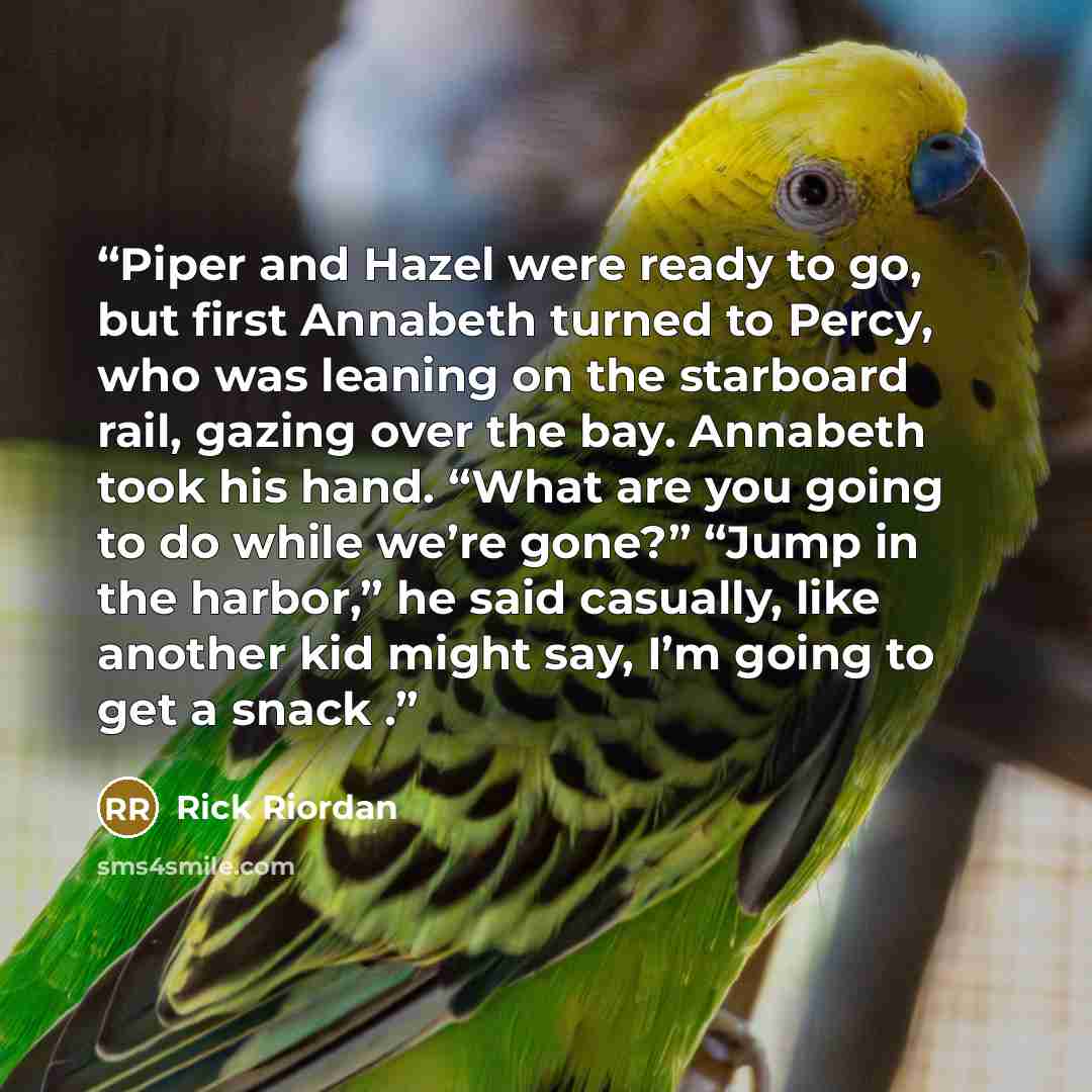 “Piper and Hazel were ready to go, but first Annabeth turned to Percy, who was leaning on the starboard rail, gazing over the bay. Annabeth took his hand. “What are you going to do while we’re gone?” “Jump in the harbor,” he said casually, like another kid might say, I’m going to get a snack .” quote by Rick Riordan