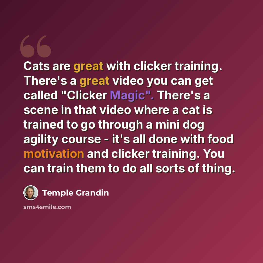 “Cats are great with clicker training. There's a great video you can get called "Clicker Magic". There's a scene in that video where a cat is trained to go through a mini dog agility course - it's all done with food motivation and clicker training. You can train them to do all sorts of thing.” quote by Temple Grandin