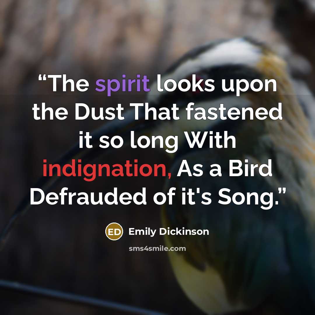 “The spirit looks upon the Dust That fastened it so long With indignation, As a Bird Defrauded of it's Song.” quote by Emily Dickinson