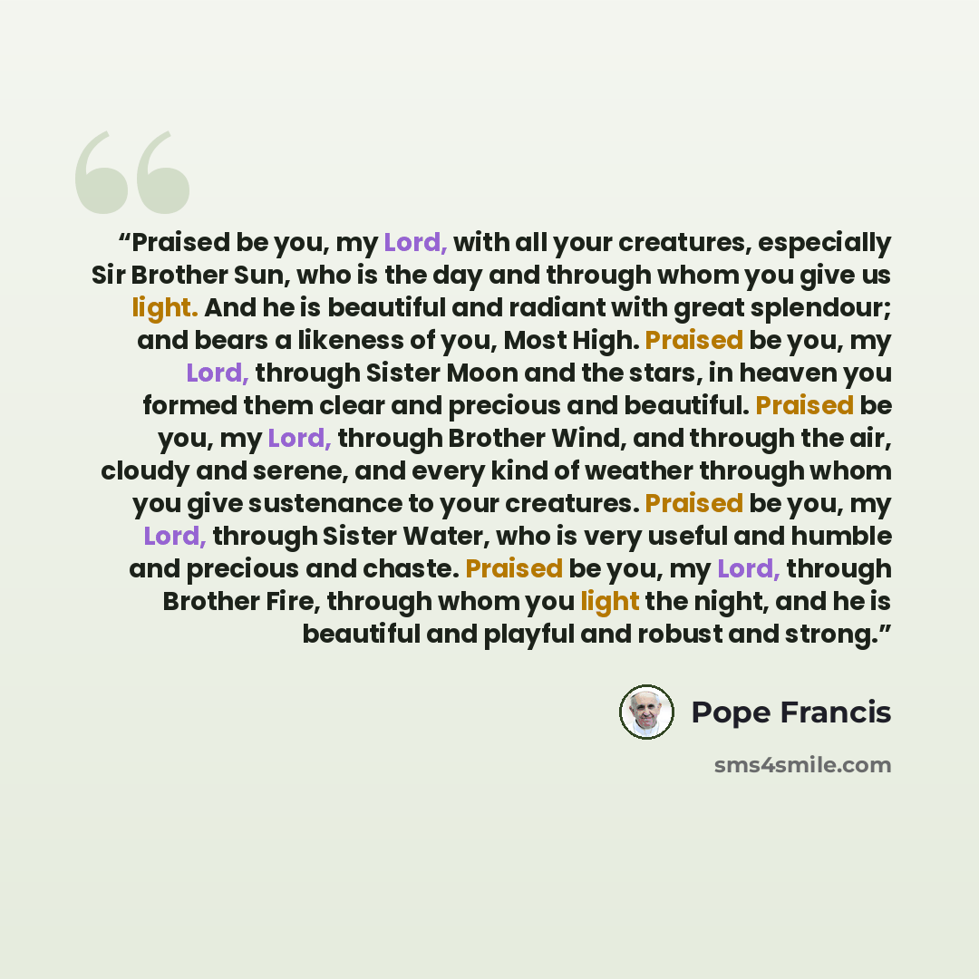 “Praised be you, my Lord, with all your creatures, especially Sir Brother Sun, who is the day and through whom you give us light. And he is beautiful and radiant with great splendour; and bears a likeness of you, Most High. Praised be you, my Lord, through Sister Moon and the stars, in heaven you…” quote by Pope Francis