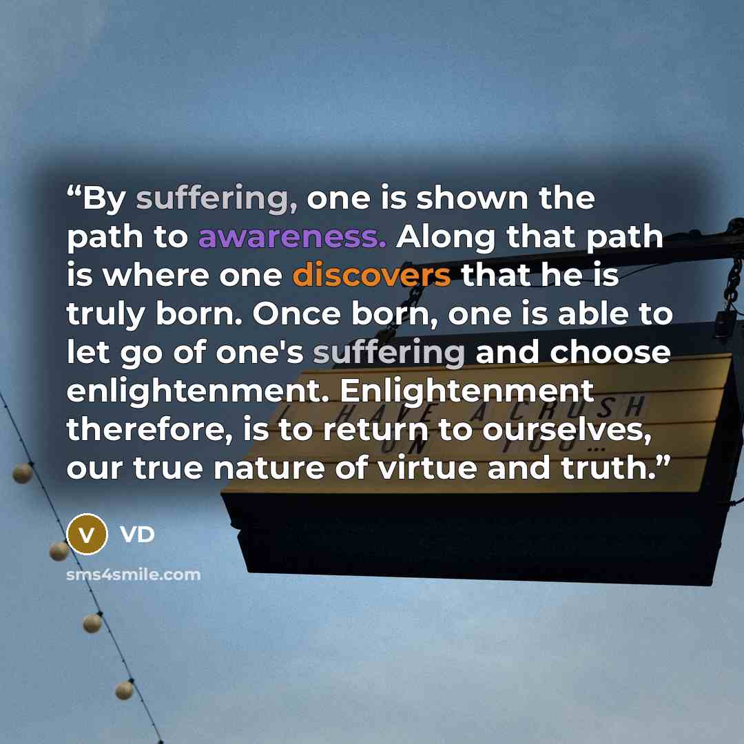 “By suffering, one is shown the path to awareness. Along that path is where one discovers that he is truly born. Once born, one is able to let go of one's suffering and choose enlightenment. Enlightenment therefore, is to return to ourselves, our true nature of virtue and truth.” quote by VD