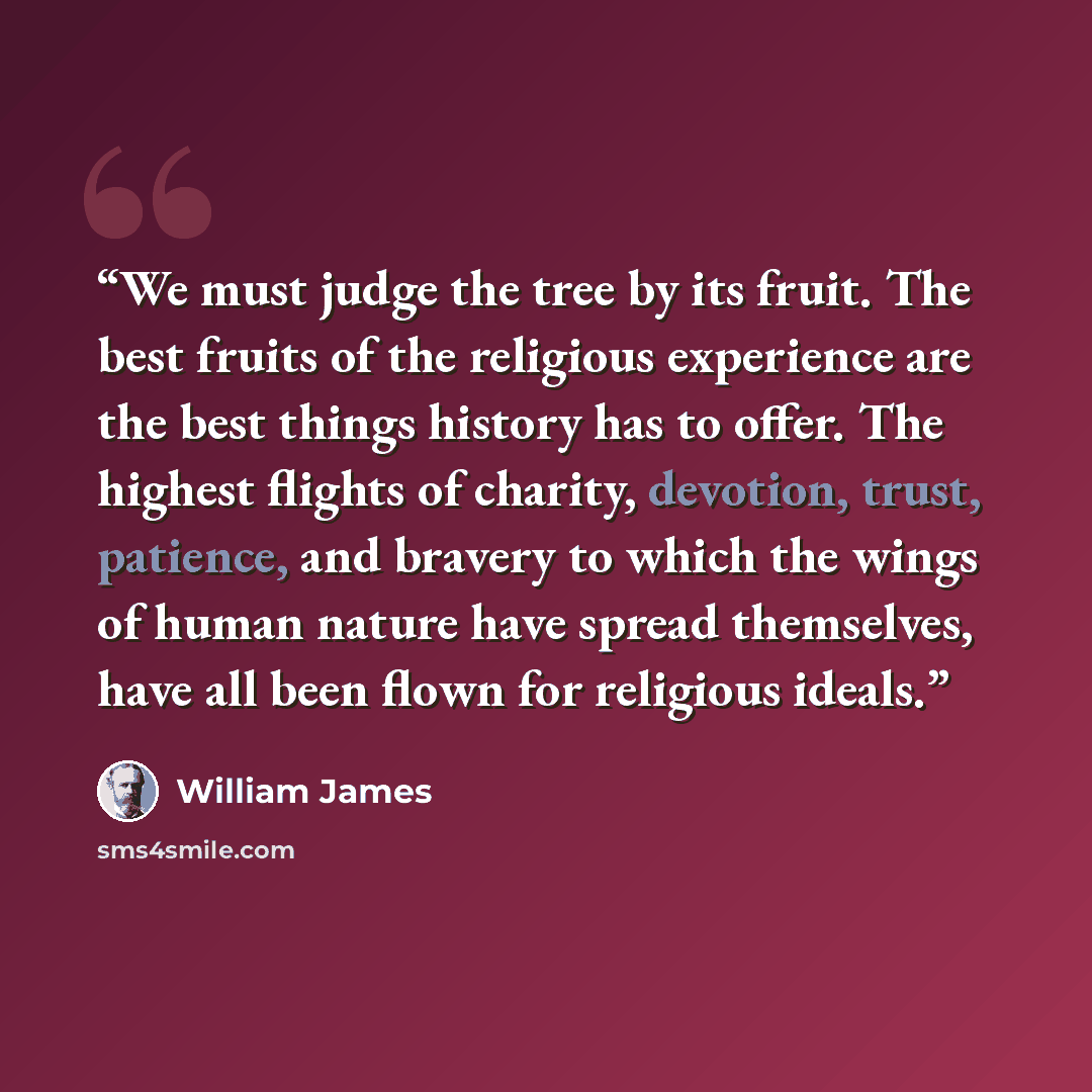 “We must judge the tree by its fruit. The best fruits of the religious experience are the best things history has to offer. The highest flights of charity, devotion, trust, patience, and bravery to which the wings of human nature have spread themselves, have all been flown for religious ideals.” quote by William James