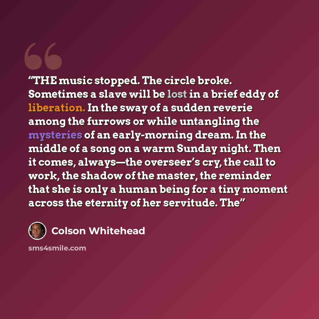 “THE music stopped. The circle broke. Sometimes a slave will be lost in a brief eddy of liberation. In the sway of a sudden reverie among the furrows or while untangling the mysteries of an early-morning dream. In the middle of a song on a warm Sunday night. Then it comes, always—the overseer’s…” quote by Colson Whitehead