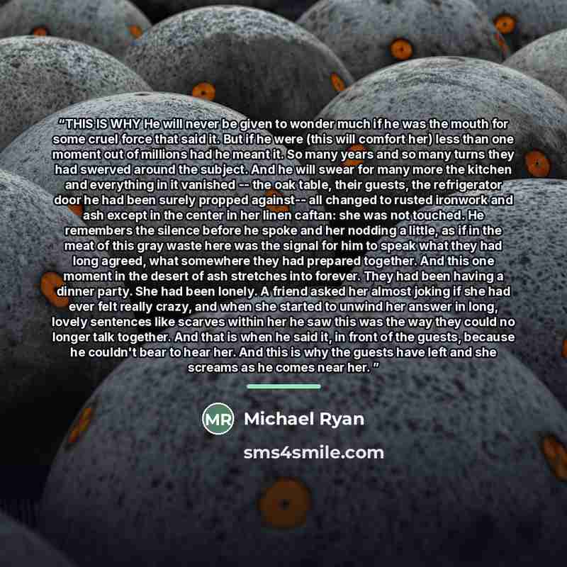 “THIS IS WHY He will never be given to wonder much if he was the mouth for some cruel force that said it. But if he were (this will comfort her) less than one moment out of millions had he meant it. So many years and so many turns they had swerved around the subject. And he will swear for many more…” quote by Michael Ryan