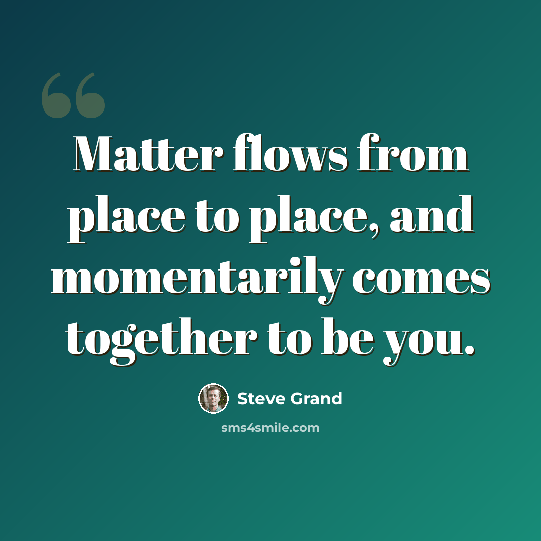 “Matter flows from place to place, and momentarily comes together to be you.” quote by Steve Grand