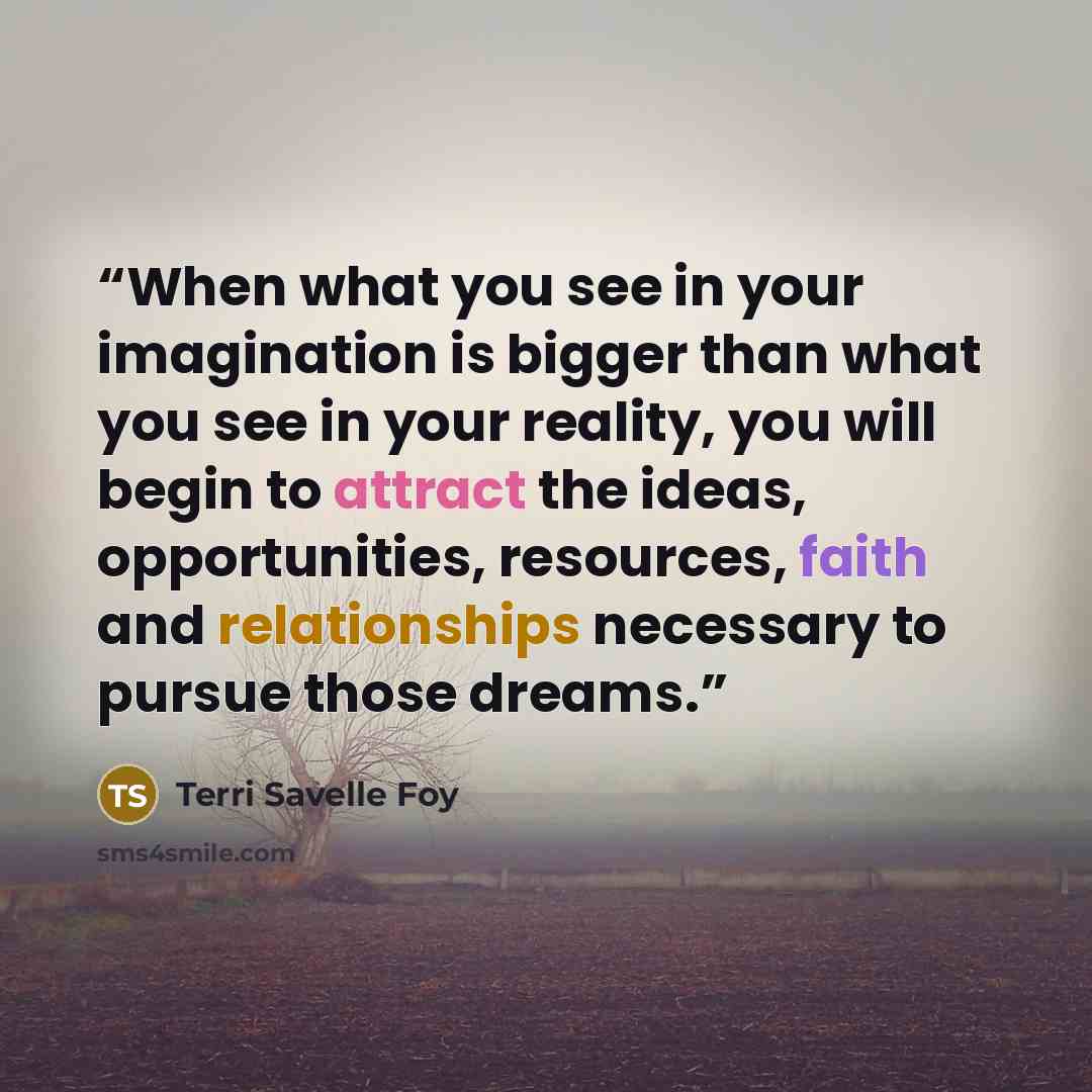 “When what you see in your imagination is bigger than what you see in your reality, you will begin to attract the ideas, opportunities, resources, faith and relationships necessary to pursue those dreams.” quote by Terri Savelle Foy