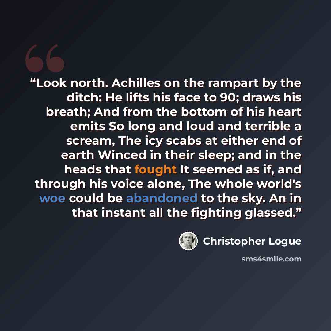 “Look north. Achilles on the rampart by the ditch: He lifts his face to 90; draws his breath; And from the bottom of his heart emits So long and loud and terrible a scream, The icy scabs at either end of earth Winced in their sleep; and in the heads that fought It seemed as if, and through his…” quote by Christopher Logue