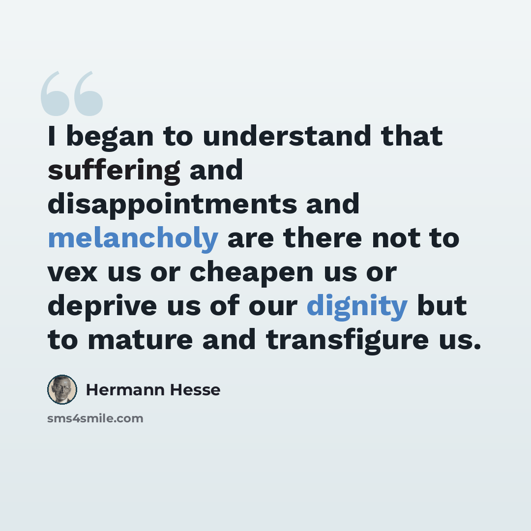 “I began to understand that suffering and disappointments and melancholy are there not to vex us or cheapen us or deprive us of our dignity but to mature and transfigure us.” quote by Hermann Hesse