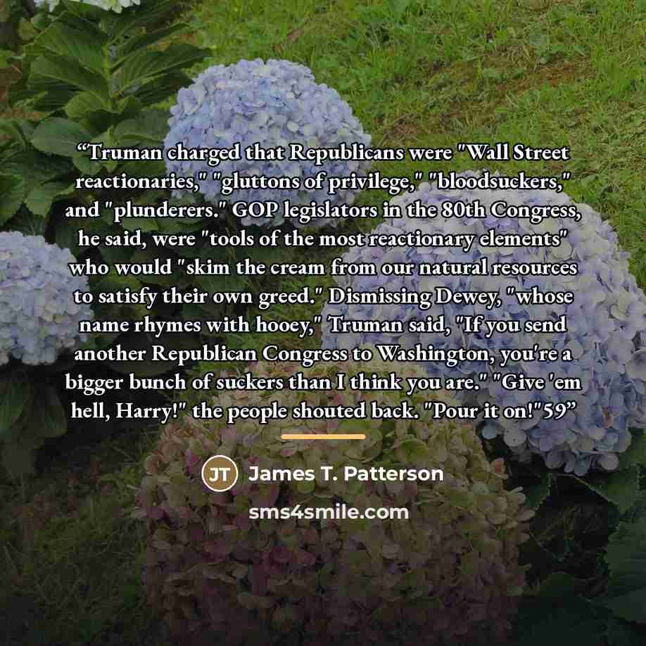 “Truman charged that Republicans were "Wall Street reactionaries," "gluttons of privilege," "bloodsuckers," and "plunderers." GOP legislators in the 80th Congress, he said, were "tools of the most reactionary elements" who would "skim the cream from our natural resources to satisfy their own…” quote by James T. Patterson