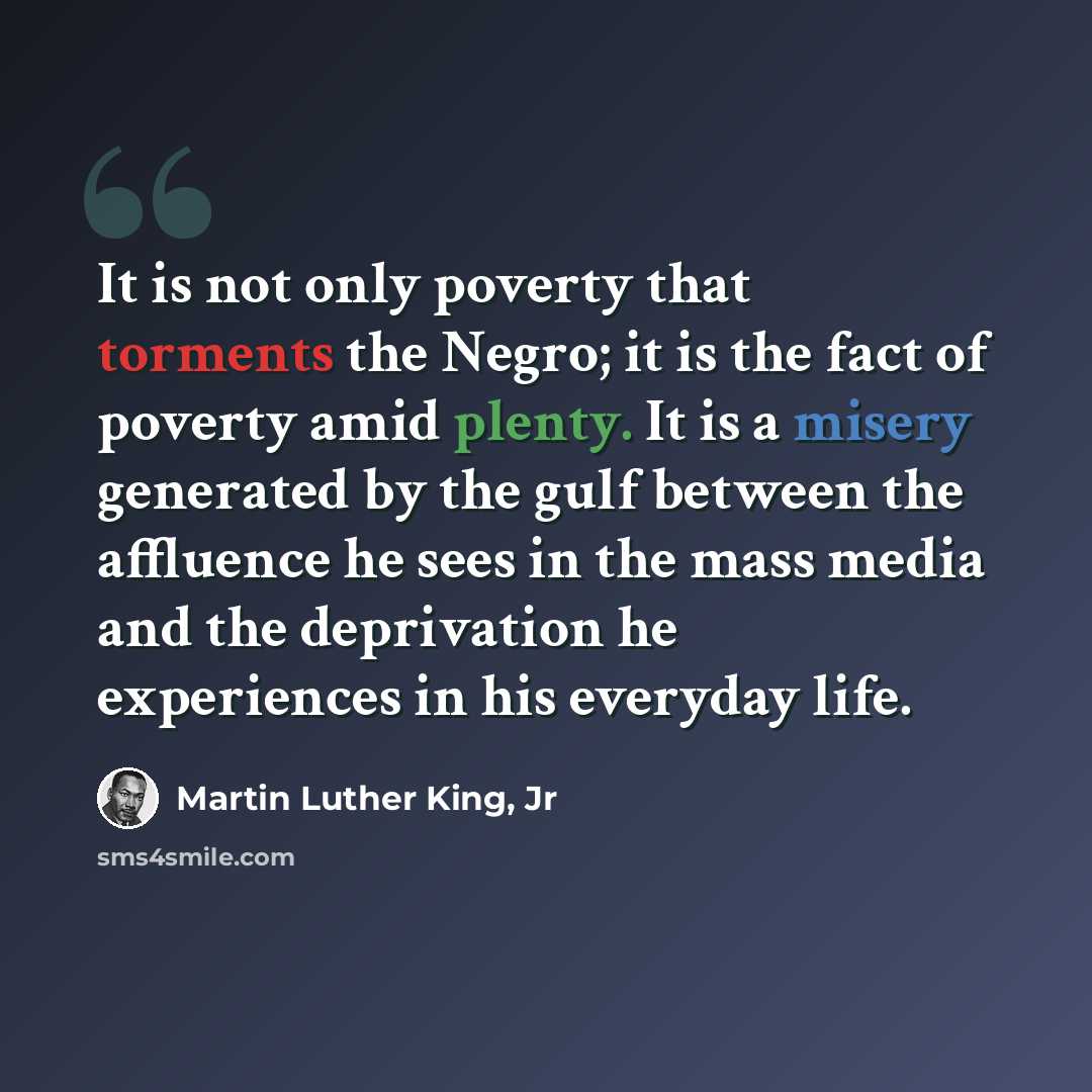 “It is not only poverty that torments the Negro; it is the fact of poverty amid plenty. It is a misery generated by the gulf between the affluence he sees in the mass media and the deprivation he experiences in his everyday life.” quote by Martin Luther King, Jr