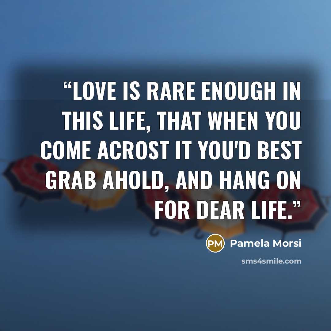 “Love is rare enough in this life, that when you come acrost it you'd best grab ahold, and hang on for dear life.” quote by Pamela Morsi