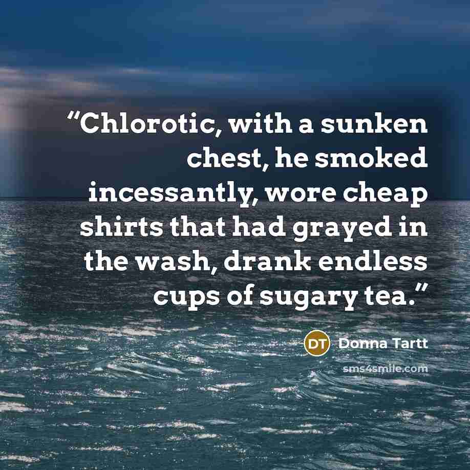 “Chlorotic, with a sunken chest, he smoked incessantly, wore cheap shirts that had grayed in the wash, drank endless cups of sugary tea.” quote by Donna Tartt