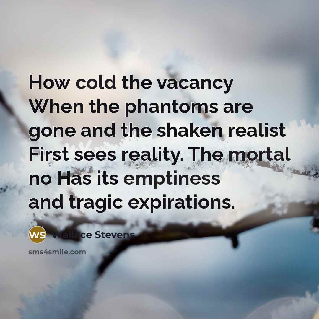 “How cold the vacancy When the phantoms are gone and the shaken realist First sees reality. The mortal no Has its emptiness and tragic expirations.” quote by Wallace Stevens