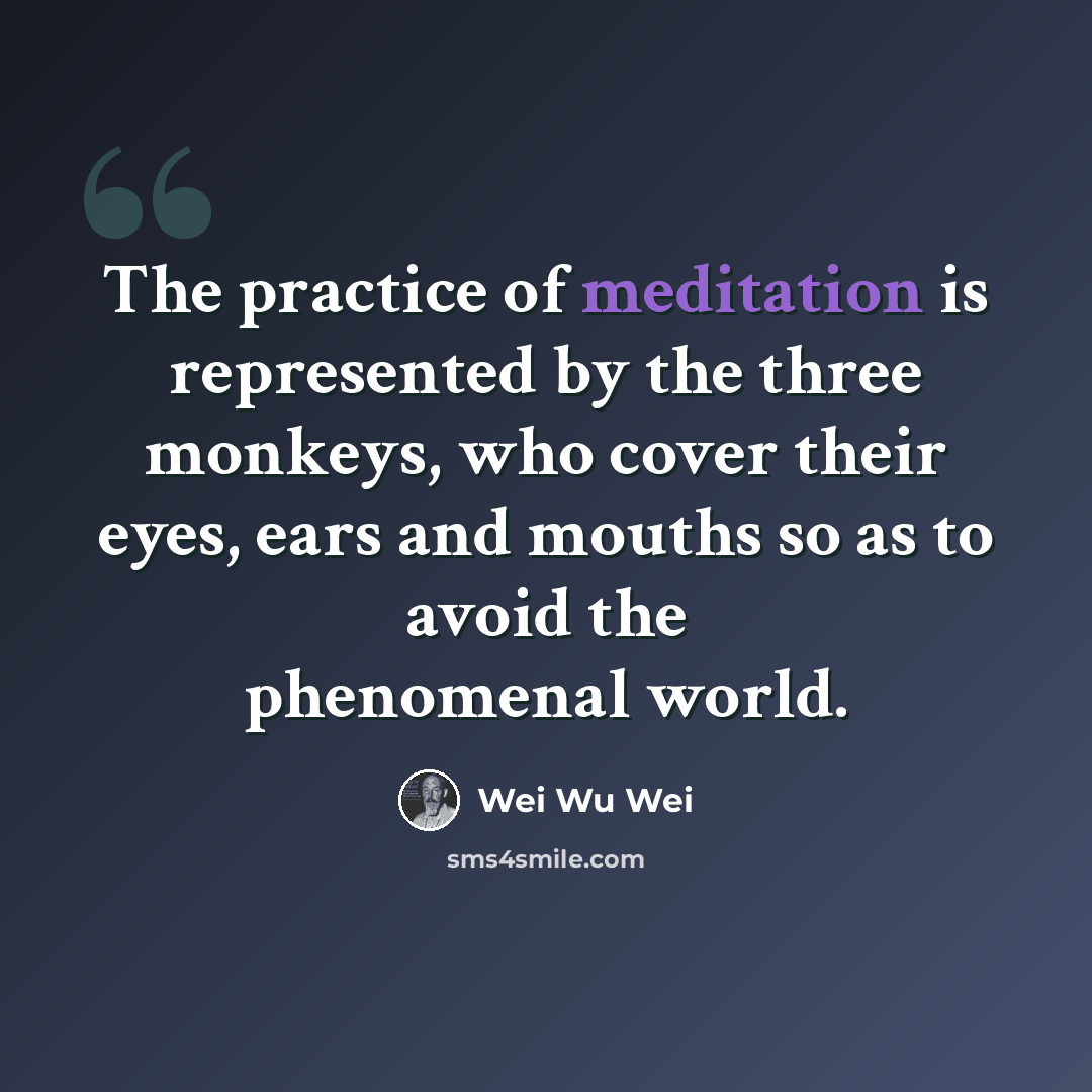 “The practice of meditation is represented by the three monkeys, who cover their eyes, ears and mouths so as to avoid the phenomenal world.” quote by Wei Wu Wei