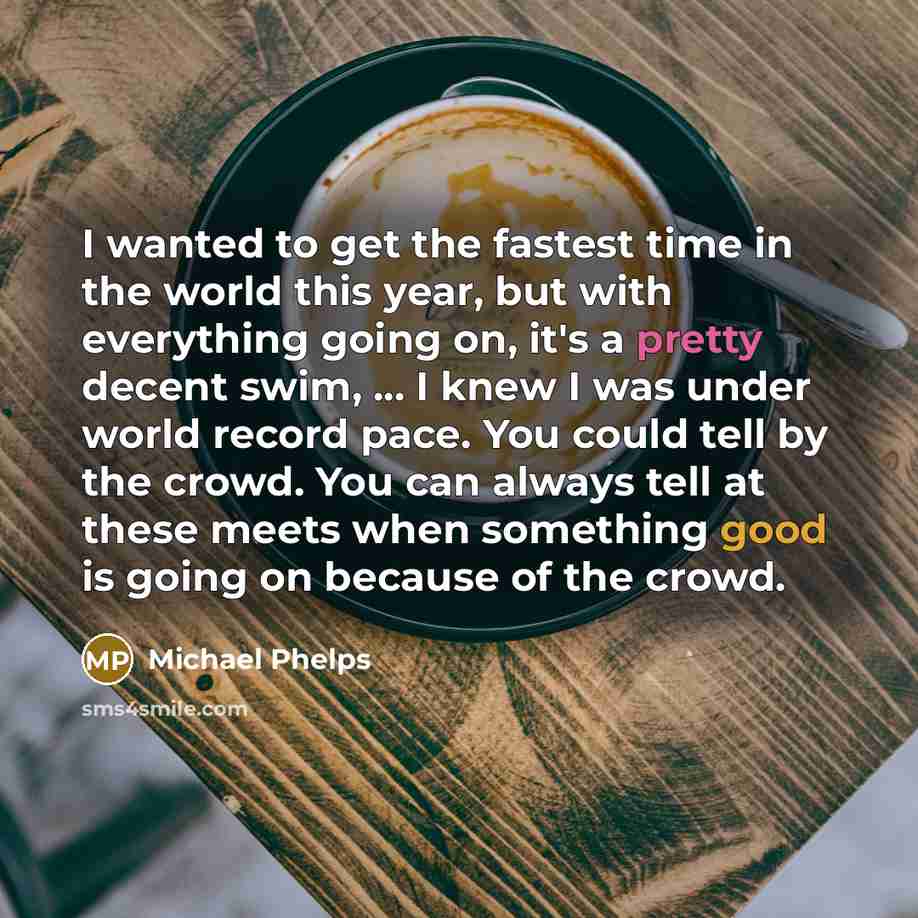 “I wanted to get the fastest time in the world this year, but with everything going on, it's a pretty decent swim, ... I knew I was under world record pace. You could tell by the crowd. You can always tell at these meets when something good is going on because of the crowd.” quote by Michael Phelps