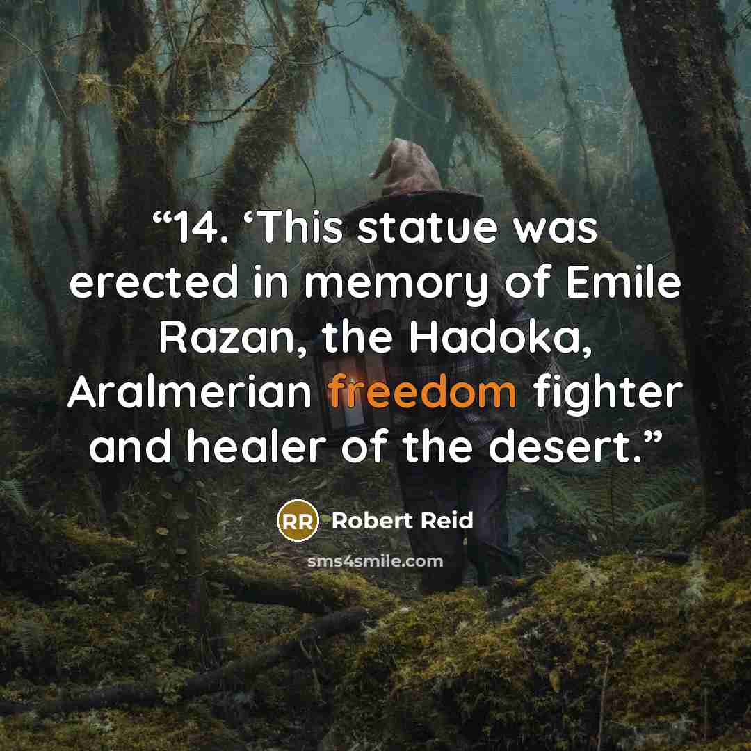“14. ‘This statue was erected in memory of Emile Razan, the Hadoka, Aralmerian freedom fighter and healer of the desert.” quote by Robert Reid