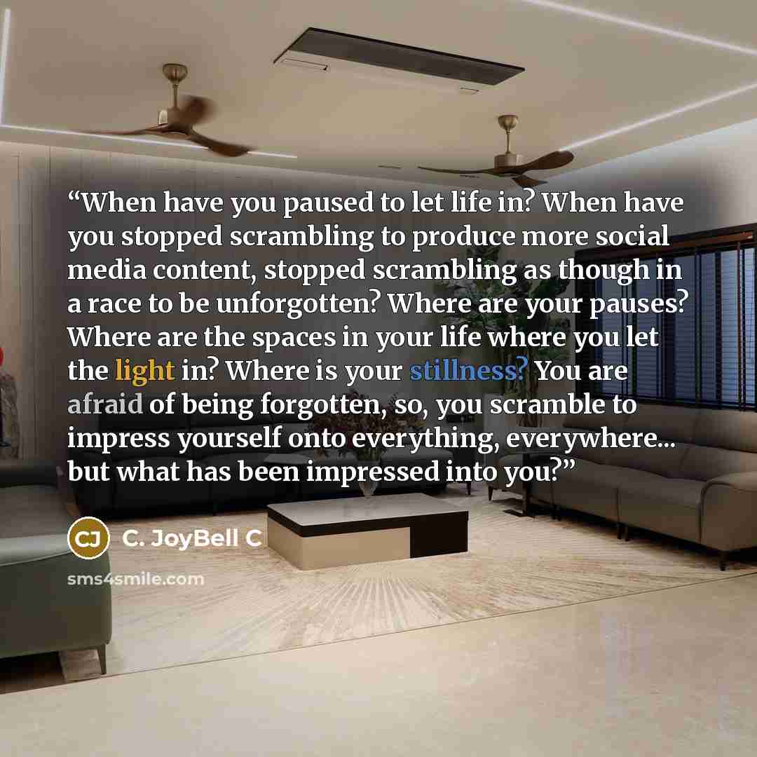 “When have you paused to let life in? When have you stopped scrambling to produce more social media content, stopped scrambling as though in a race to be unforgotten? Where are your pauses? Where are the spaces in your life where you let the light in? Where is your stillness? You are afraid of…” quote by C. JoyBell C