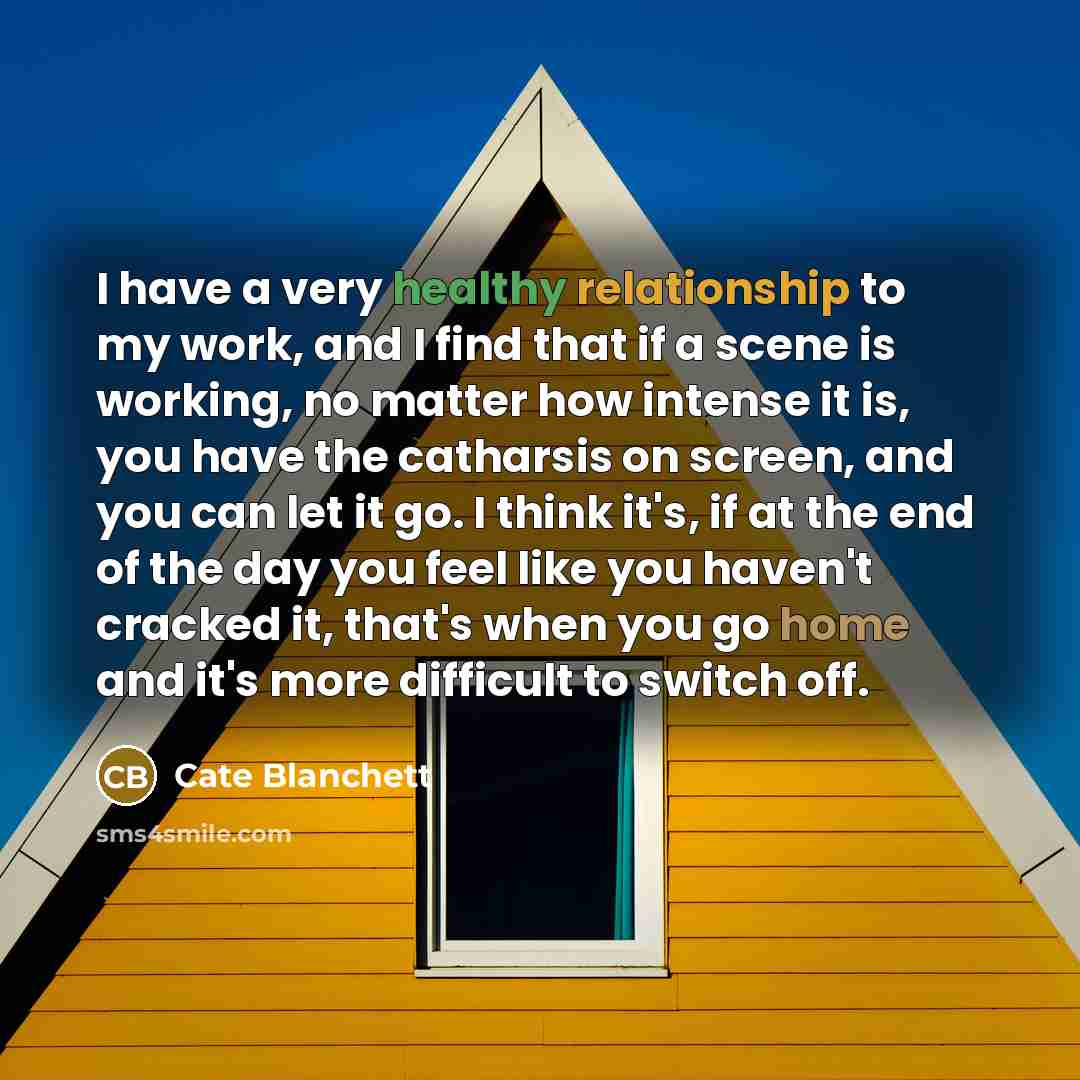 “I have a very healthy relationship to my work, and I find that if a scene is working, no matter how intense it is, you have the catharsis on screen, and you can let it go. I think it's, if at the end of the day you feel like you haven't cracked it, that's when you go home and it's more difficult…” quote by Cate Blanchett