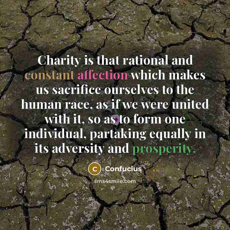“Charity is that rational and constant affection which makes us sacrifice ourselves to the human race, as if we were united with it, so as to form one individual, partaking equally in its adversity and prosperity.” quote by Confucius
