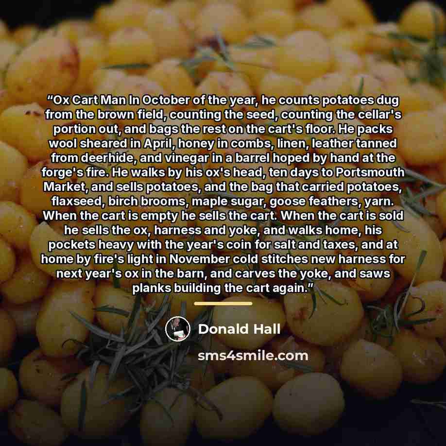 “Ox Cart Man In October of the year, he counts potatoes dug from the brown field, counting the seed, counting the cellar's portion out, and bags the rest on the cart's floor. He packs wool sheared in April, honey in combs, linen, leather tanned from deerhide, and vinegar in a barrel hoped by hand…” quote by Donald Hall