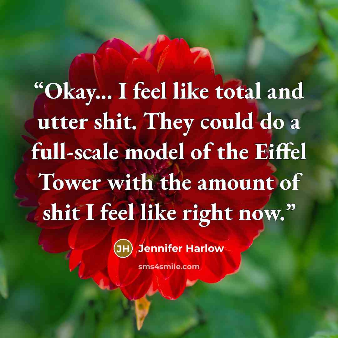 “Okay... I feel like total and utter shit. They could do a full-scale model of the Eiffel Tower with the amount of shit I feel like right now.” quote by Jennifer Harlow