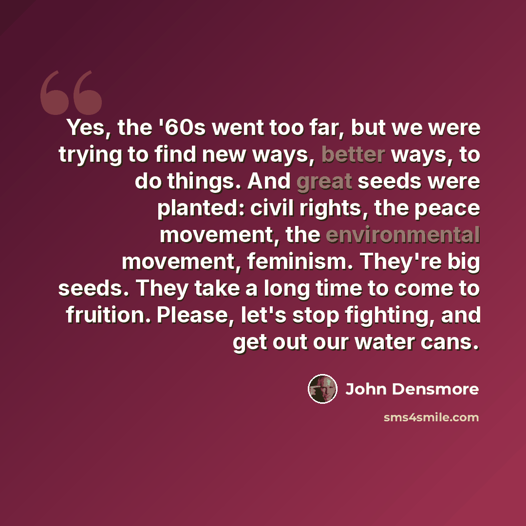 “Yes, the '60s went too far, but we were trying to find new ways, better ways, to do things. And great seeds were planted: civil rights, the peace movement, the environmental movement, feminism. They're big seeds. They take a long time to come to fruition. Please, let's stop fighting, and get out…” quote by John Densmore