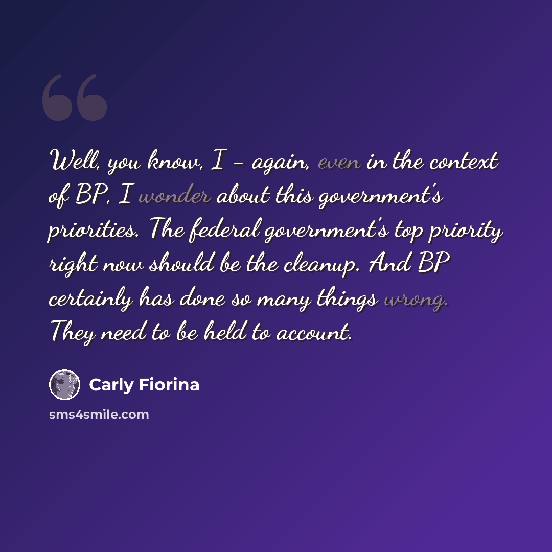 “Well, you know, I - again, even in the context of BP, I wonder about this government's priorities. The federal government's top priority right now should be the cleanup. And BP certainly has done so many things wrong. They need to be held to account.” quote by Carly Fiorina