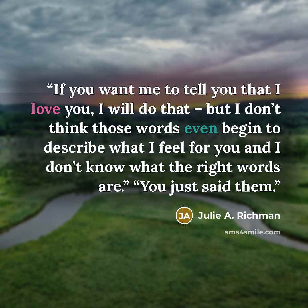 “If you want me to tell you that I love you, I will do that – but I don’t think those words even begin to describe what I feel for you and I don’t know what the right words are.” “You just said them.” quote by Julie A. Richman