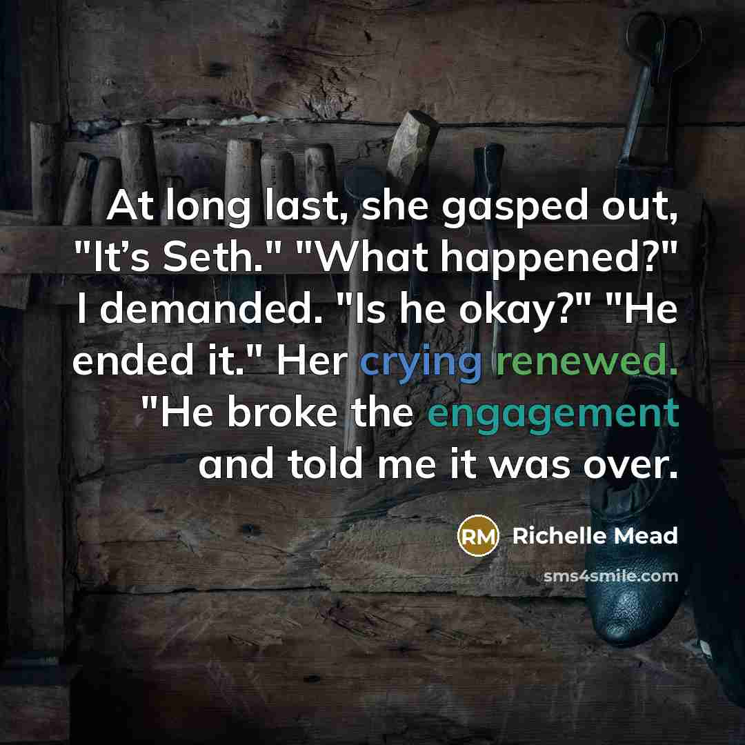 “At long last, she gasped out, "It’s Seth." "What happened?" I demanded. "Is he okay?" "He ended it." Her crying renewed. "He broke the engagement and told me it was over.” quote by Richelle Mead
