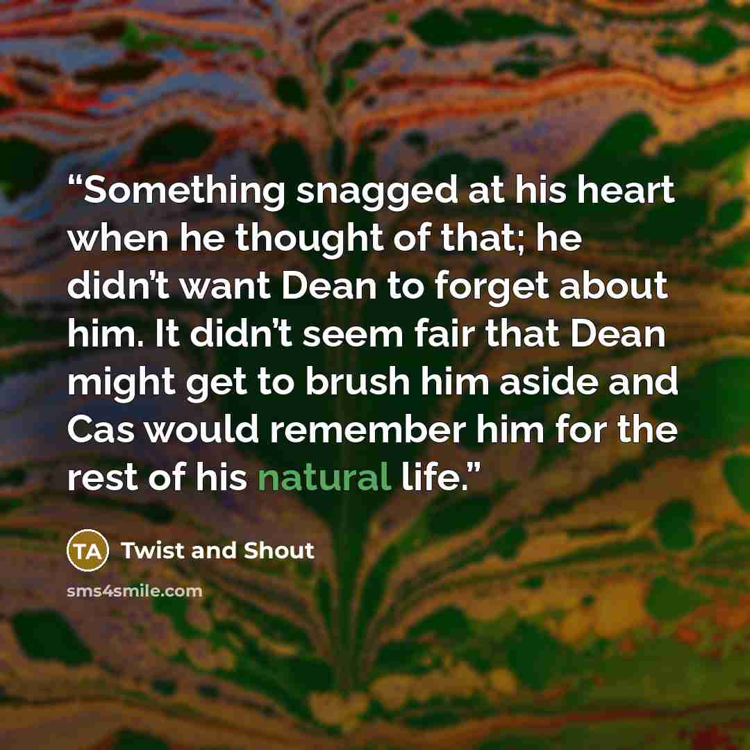 “Something snagged at his heart when he thought of that; he didn’t want Dean to forget about him. It didn’t seem fair that Dean might get to brush him aside and Cas would remember him for the rest of his natural life.” quote by Twist and Shout