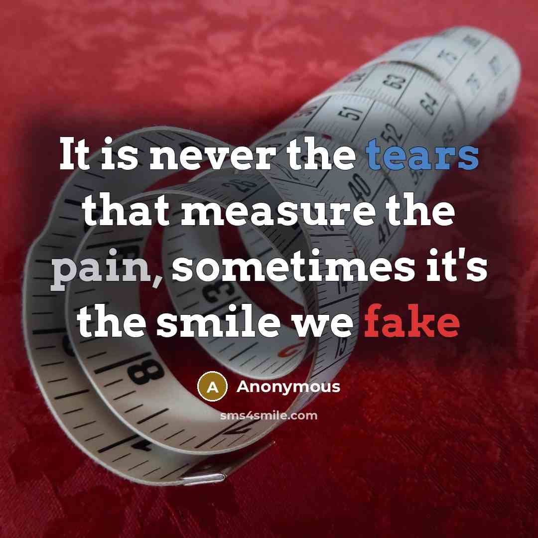 “It is never the tears that measure the pain, sometimes it's the smile we fake” quote by Anonymous