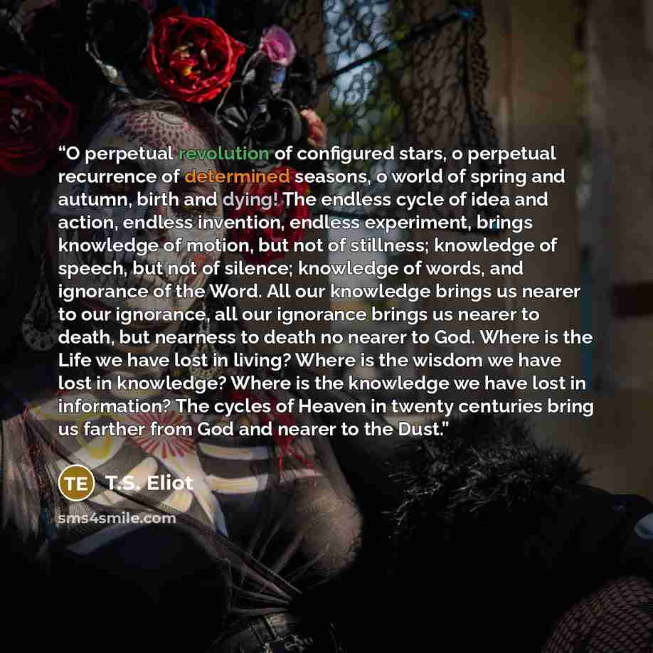 “O perpetual revolution of configured stars, o perpetual recurrence of determined seasons, o world of spring and autumn, birth and dying! The endless cycle of idea and action, endless invention, endless experiment, brings knowledge of motion, but not of stillness; knowledge of speech, but not of…” quote by T.S. Eliot