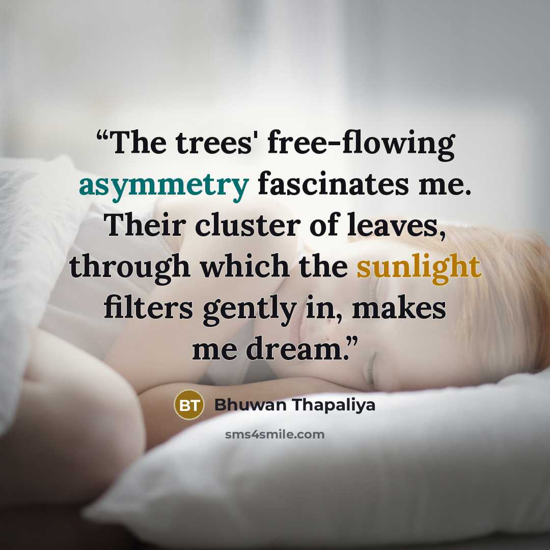 “The trees' free-flowing asymmetry fascinates me. Their cluster of leaves, through which the sunlight filters gently in, makes me dream.” quote by Bhuwan Thapaliya