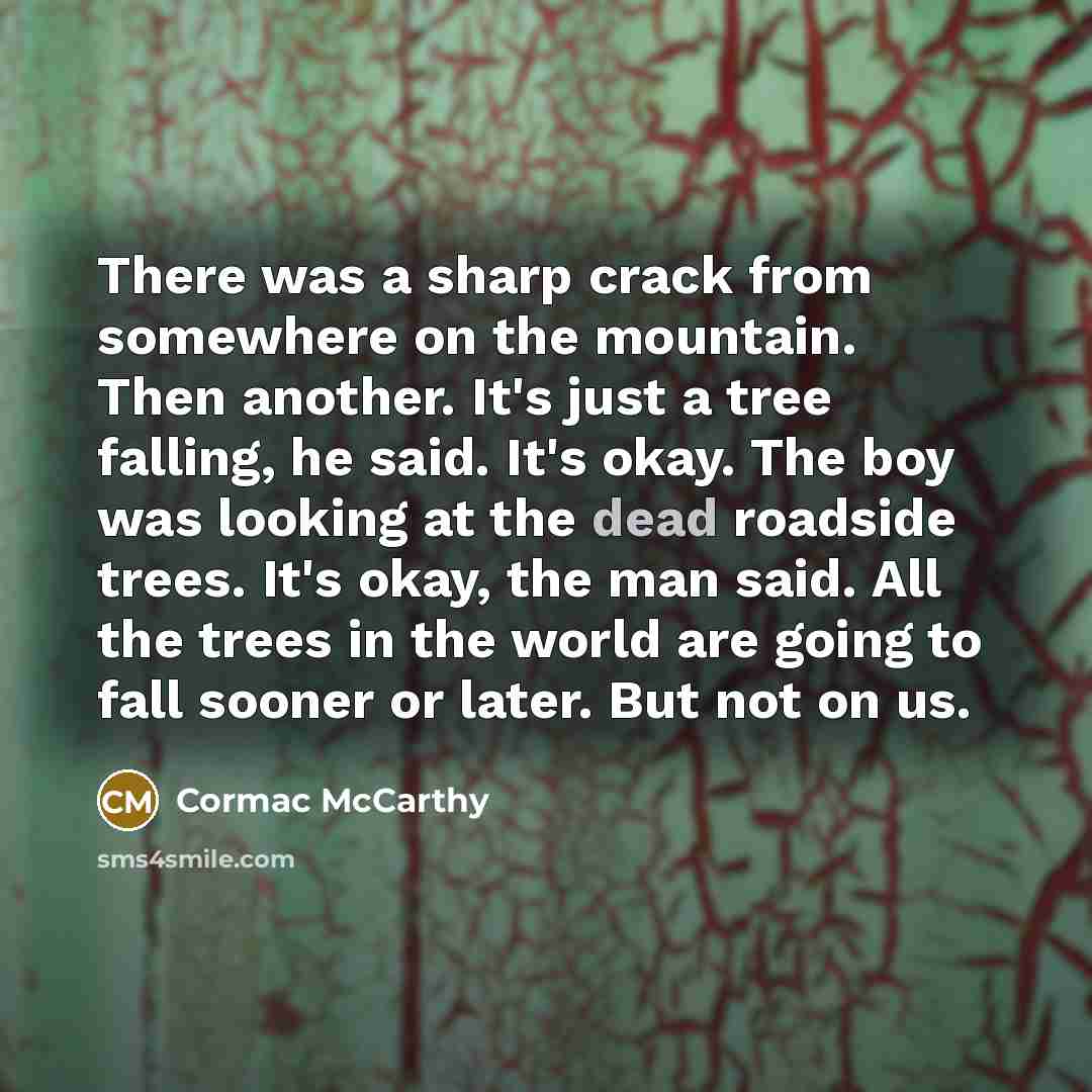 “There was a sharp crack from somewhere on the mountain. Then another. It's just a tree falling, he said. It's okay. The boy was looking at the dead roadside trees. It's okay, the man said. All the trees in the world are going to fall sooner or later. But not on us.” quote by Cormac McCarthy