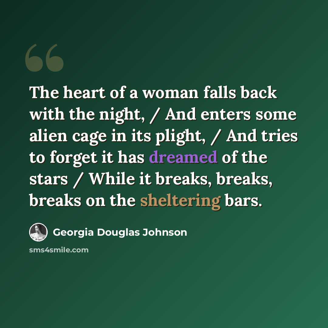 “The heart of a woman falls back with the night, / And enters some alien cage in its plight, / And tries to forget it has dreamed of the stars / While it breaks, breaks, breaks on the sheltering bars.” quote by Georgia Douglas Johnson