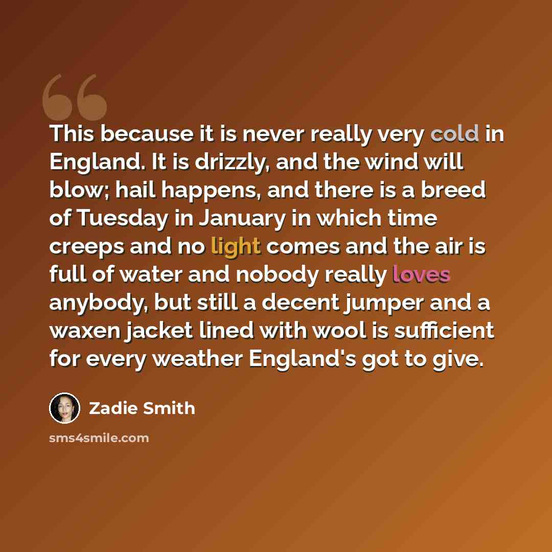 “This because it is never really very cold in England. It is drizzly, and the wind will blow; hail happens, and there is a breed of Tuesday in January in which time creeps and no light comes and the air is full of water and nobody really loves anybody, but still a decent jumper and a waxen jacket…” quote by Zadie Smith