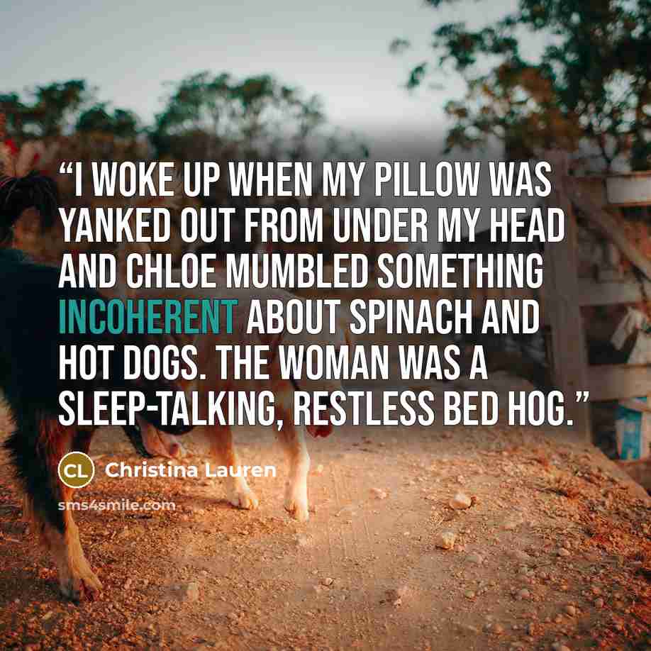 “I woke up when my pillow was yanked out from under my head and Chloe mumbled something incoherent about spinach and hot dogs. The woman was a sleep-talking, restless bed hog.” quote by Christina Lauren