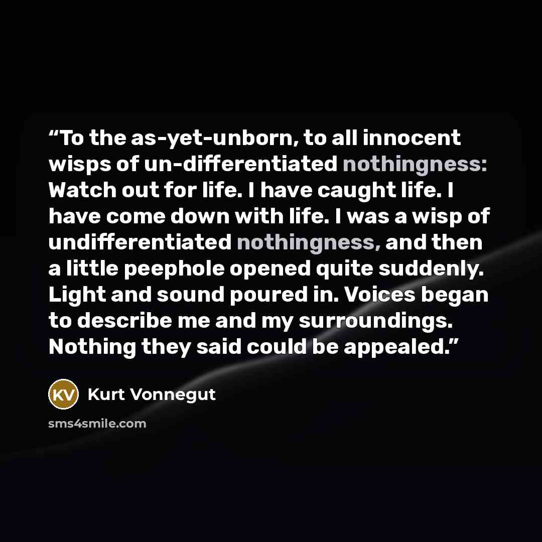 “To the as-yet-unborn, to all innocent wisps of un-differentiated nothingness: Watch out for life. I have caught life. I have come down with life. I was a wisp of undifferentiated nothingness, and then a little peephole opened quite suddenly. Light and sound poured in. Voices began to describe me…” quote by Kurt Vonnegut