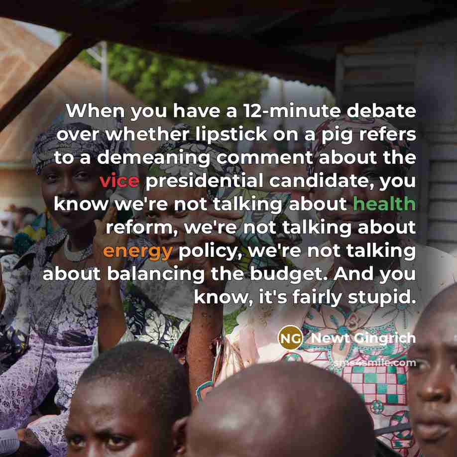 “When you have a 12-minute debate over whether lipstick on a pig refers to a demeaning comment about the vice presidential candidate, you know we're not talking about health reform, we're not talking about energy policy, we're not talking about balancing the budget. And you know, it's fairly stupid.” quote by Newt Gingrich