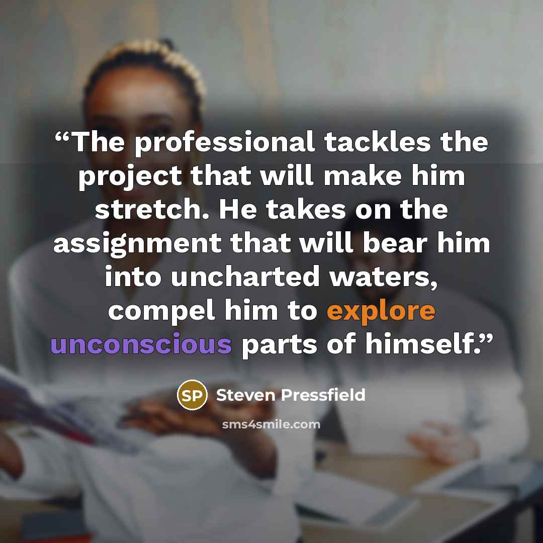 “The professional tackles the project that will make him stretch. He takes on the assignment that will bear him into uncharted waters, compel him to explore unconscious parts of himself.” quote by Steven Pressfield