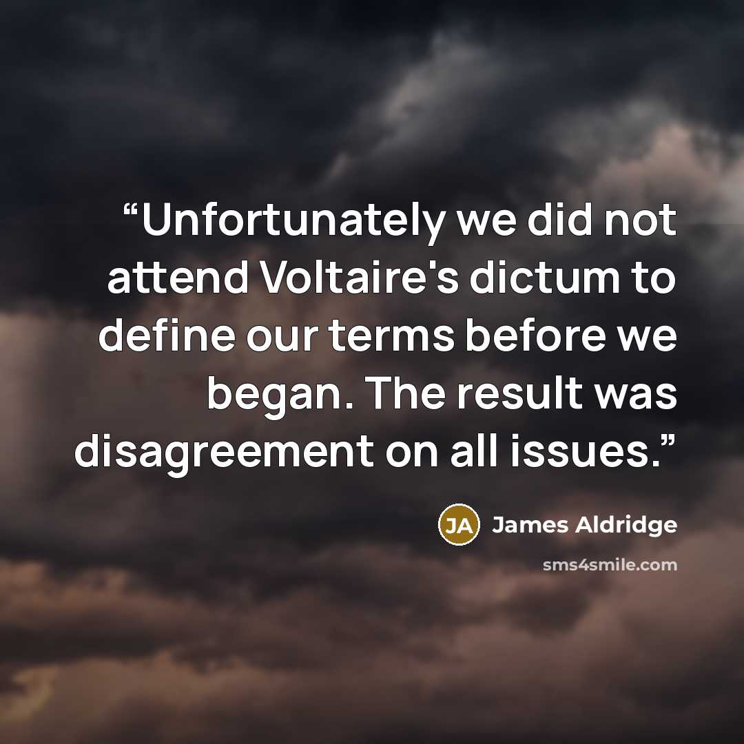 “Unfortunately we did not attend Voltaire's dictum to define our terms before we began. The result was disagreement on all issues.” quote by James Aldridge